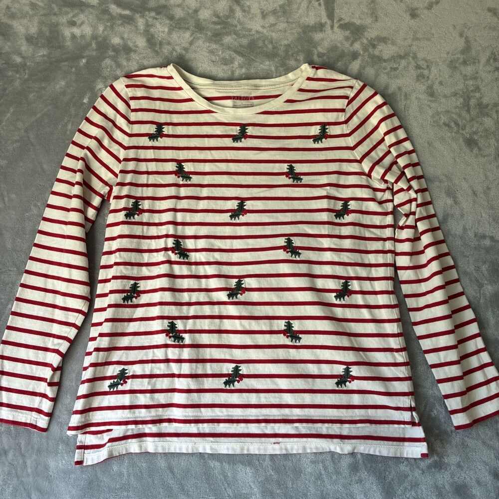 Talbots Women's L Long Sleeve Striped Holly Embroidered Christmas Holiday Top